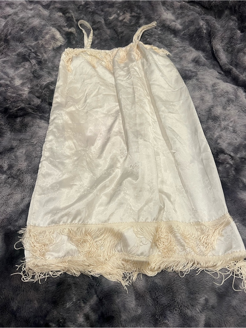 Women's Ivory Fringe Trim Satin Slip Dress
